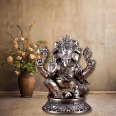 Brass Superfine Ganesha on Lotus with Annam Lamps & Hanging Bells