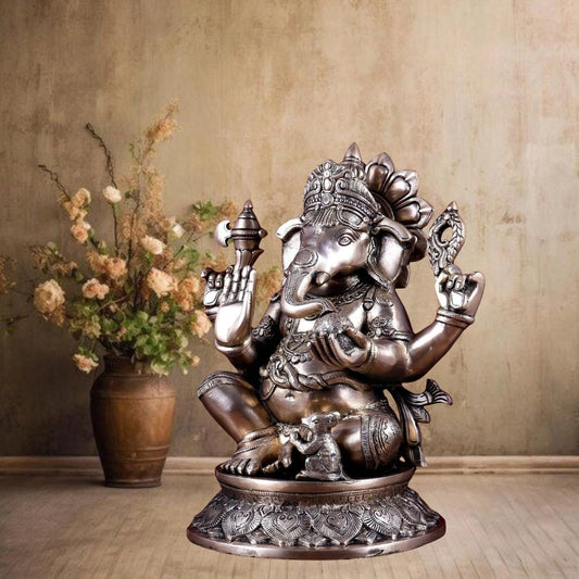 Brass Superfine Ganesha on Lotus with Annam Lamps & Hanging Bells