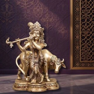 Brass Lord Krishna with Cow