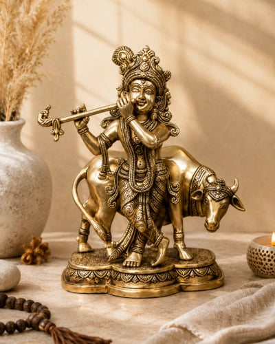 Brass Lord Krishna with Cow