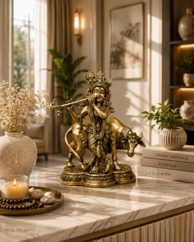 Brass Lord Krishna with Cow