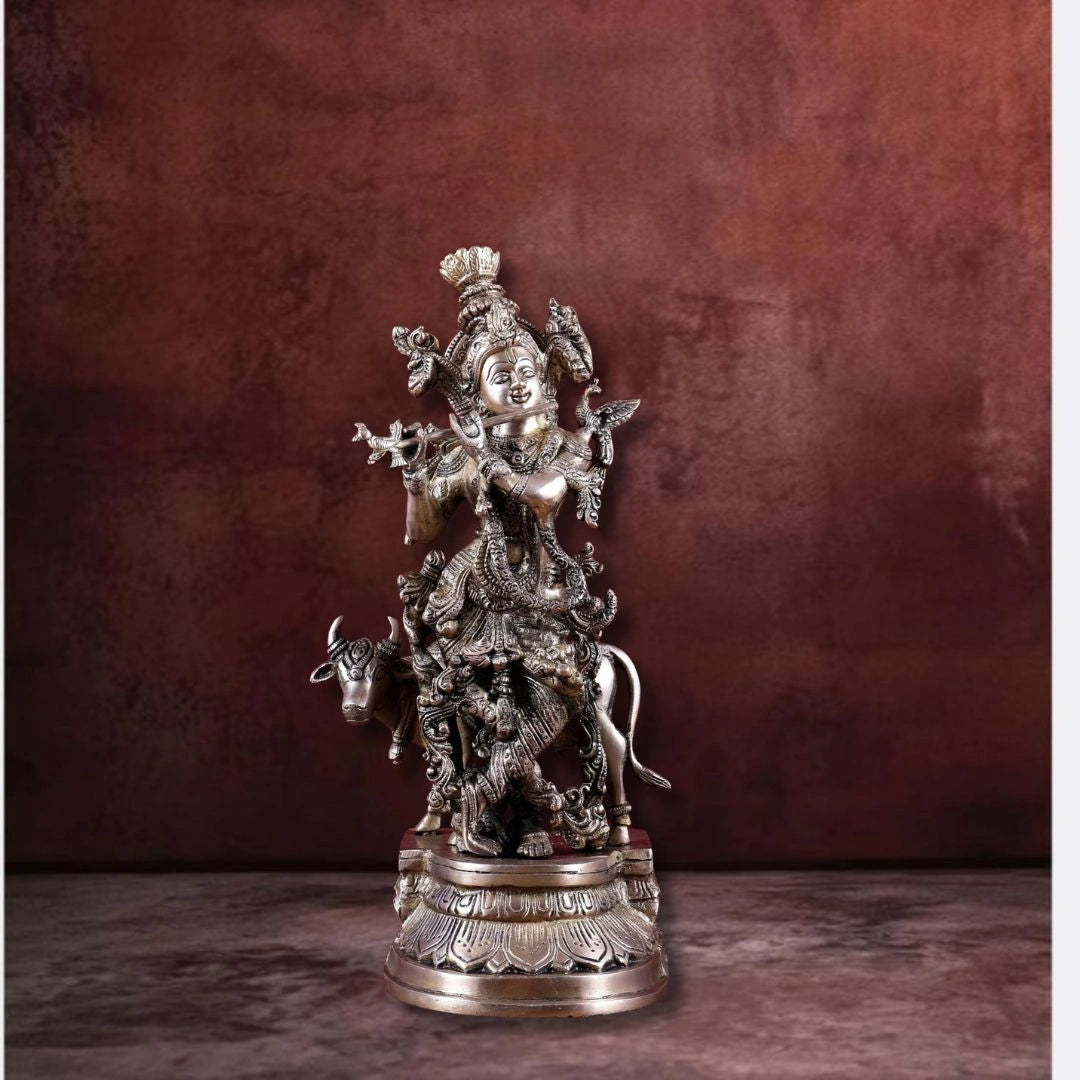 Brass Lord Krishna with Cow Idol