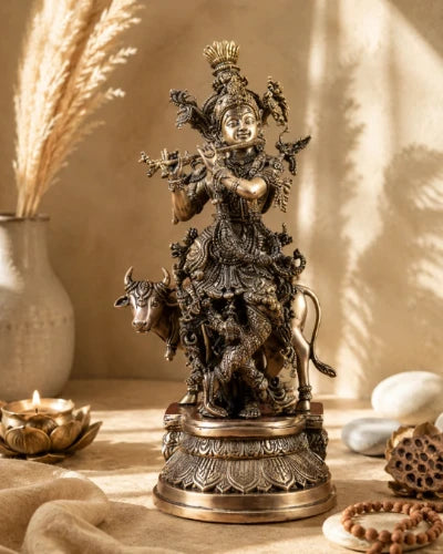 Brass Lord Krishna with Cow Idol