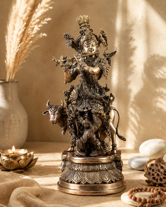 Brass Lord Krishna with Cow Idol
