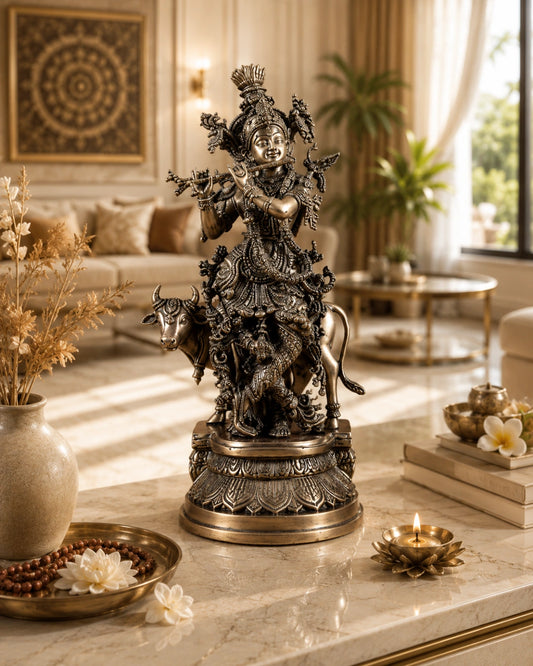 Brass Lord Krishna with Cow Idol