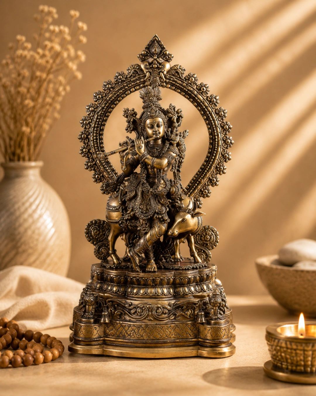 Brass Lord Krishna with Cow on Grand Kirtimukha Pedestal with Twin Peacock Lamps