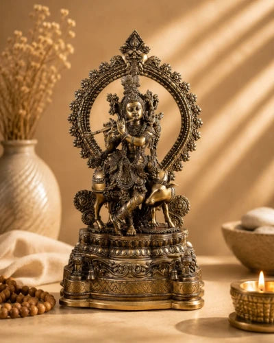 Brass Lord Krishna with Cow on Grand Kirtimukha Pedestal with Twin Peacock Lamps