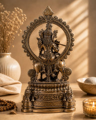 Brass Lord Krishna with Cow on Grand Kirtimukha Pedestal with Twin Peacock Lamps