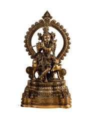 Brass Lord Krishna with Cow on Grand Kirtimukha Pedestal with Twin Peacock Lamps
