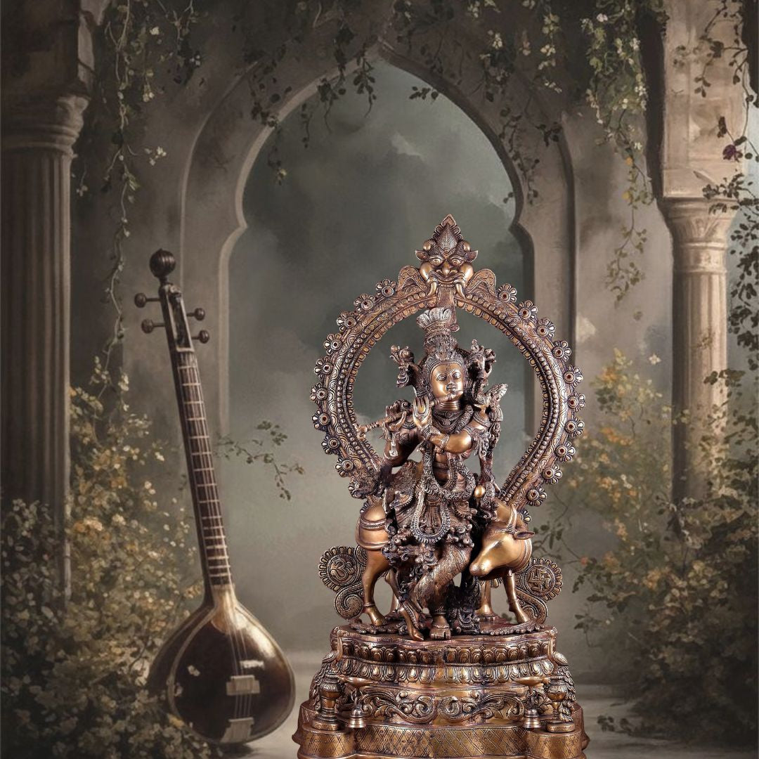 Brass Lord Krishna with Cow on Grand Kirtimukha Pedestal with Twin Peacock Lamps