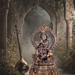 Brass Lord Krishna with Cow on Grand Kirtimukha Pedestal with Twin Peacock Lamps