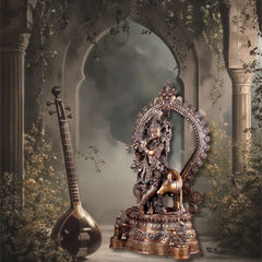 Brass Lord Krishna with Cow on Grand Kirtimukha Pedestal with Twin Peacock Lamps