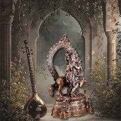 Brass Lord Krishna with Cow on Grand Kirtimukha Pedestal with Twin Peacock Lamps