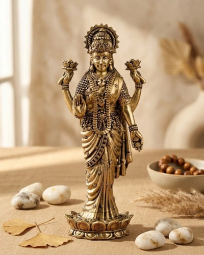 Brass Maa Laxmi JI Standing Murti With Lotus Flower