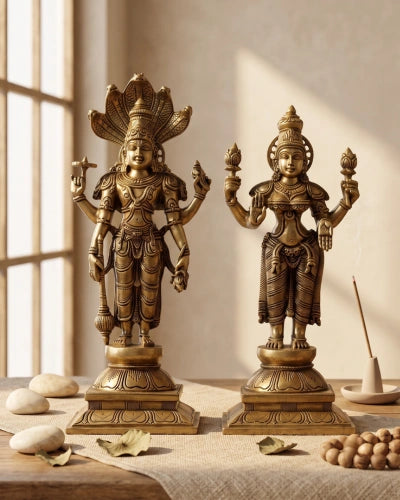 Brass Narayana Vishnu Laxmi Standing Sculpture