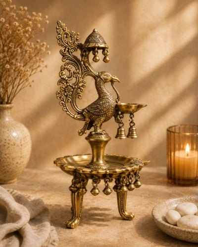 Brass Peacock Oil Lamp Stand
