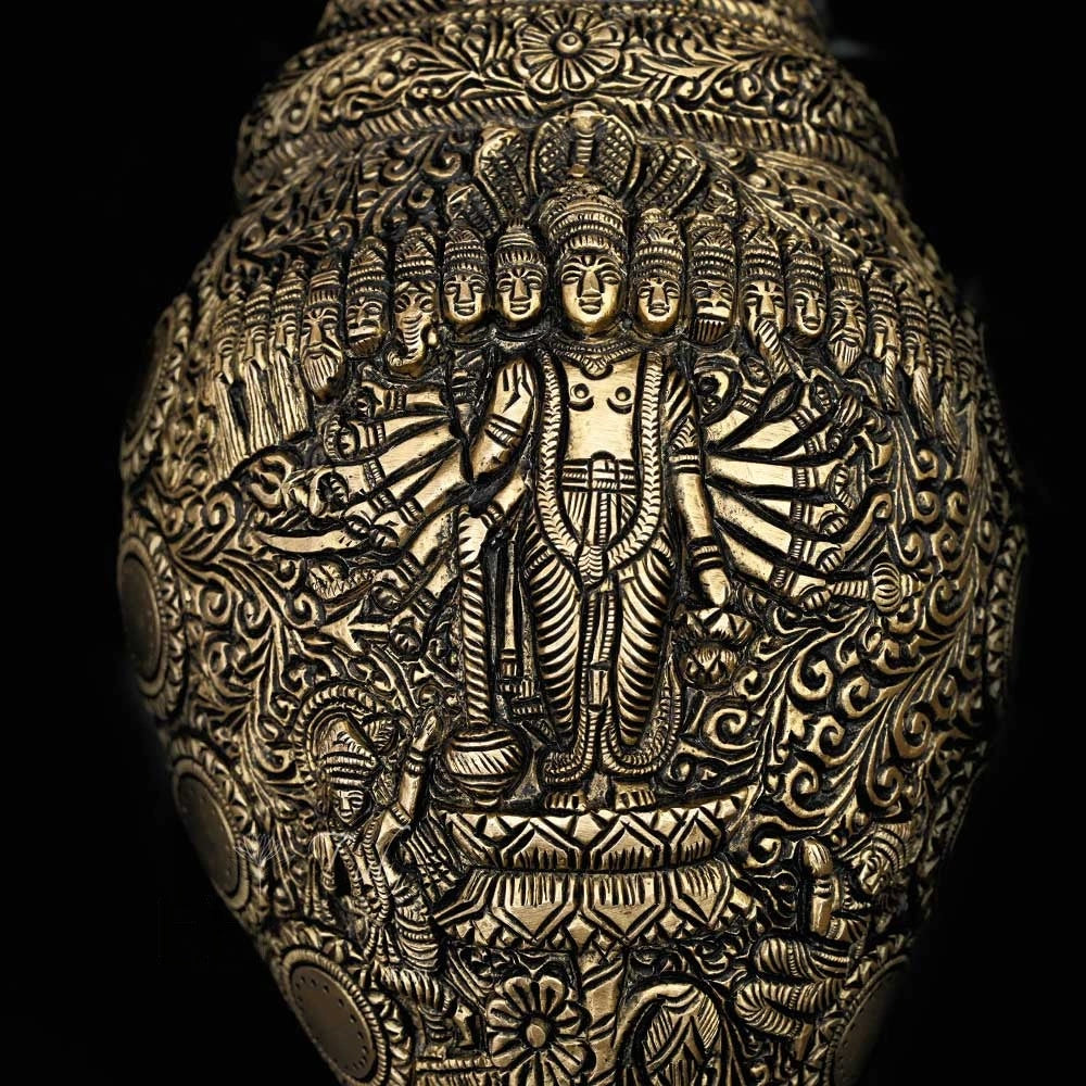 Brass Antique Shankh with Vishnu Dashavatar Carving (Conch)
