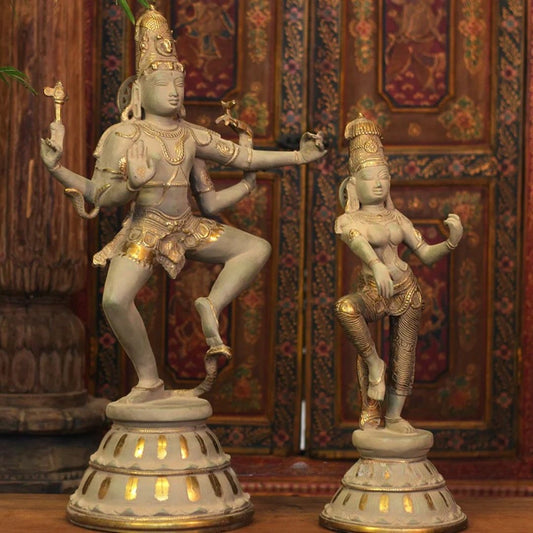 Brass Shiva Parvati Dancing in Rustic - Gold Finish