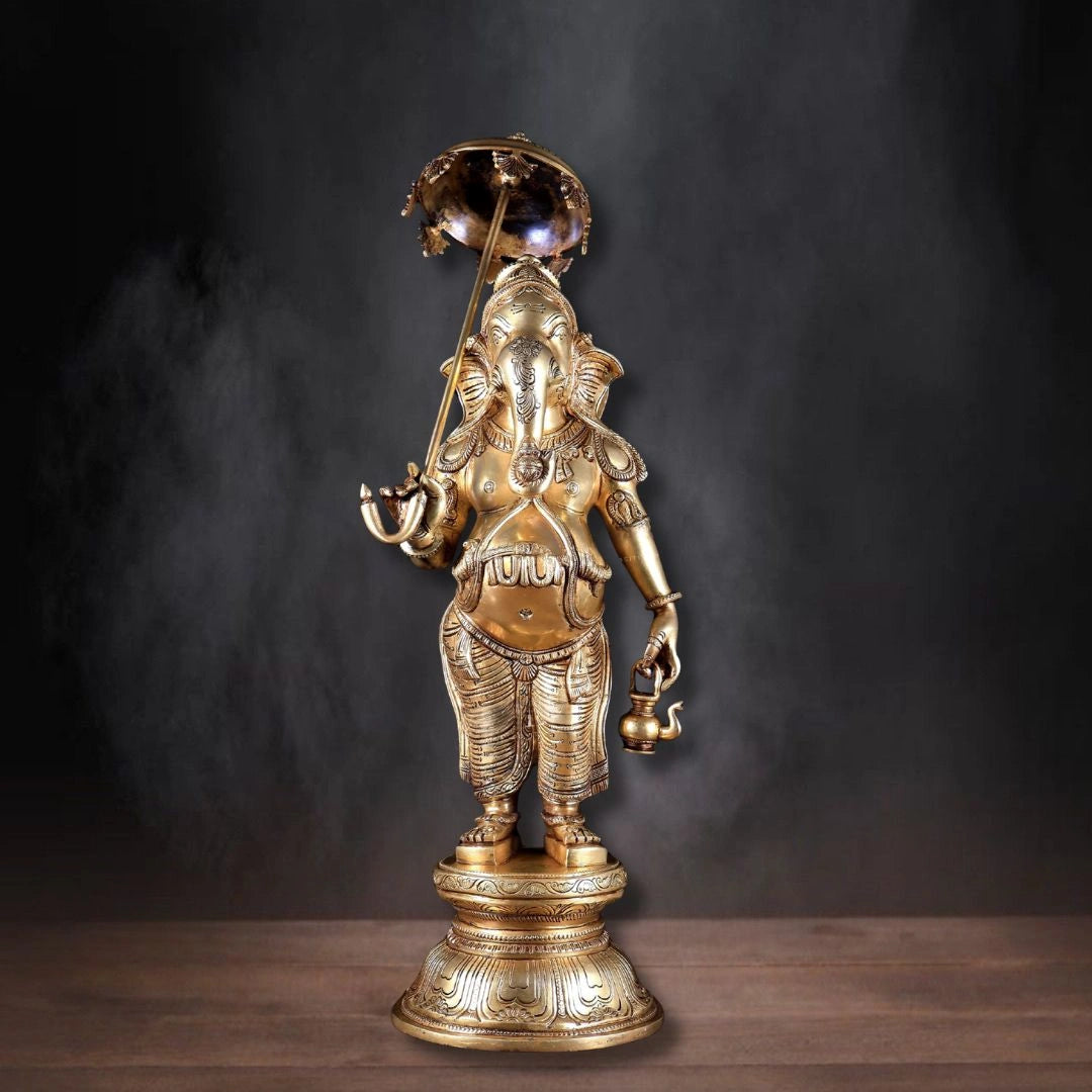 Brass Standing Ganesha with Umbrella & Kamandal – Rare Depiction of Lord Ganapati 28 inch
