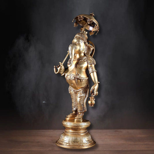 Brass Standing Ganesha with Umbrella & Kamandal – Rare Depiction of Lord Ganapati 28 inch