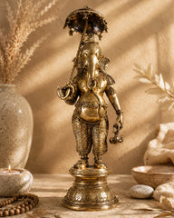 Brass Standing Ganesha with Umbrella & Kamandal – Rare Depiction of Lord Ganapati 28 inch
