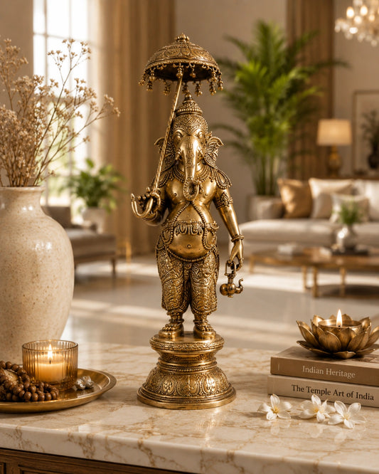 Brass Standing Ganesha with Umbrella & Kamandal – Rare Depiction of Lord Ganapati 28 inch