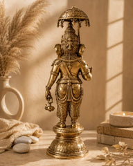 Brass Standing Ganesha with Umbrella & Kamandal – Rare Depiction of Lord Ganapati 28 inch