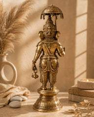 Brass Standing Ganesha with Umbrella & Kamandal – Rare Depiction of Lord Ganapati 28 inch