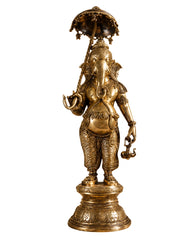 Brass Standing Ganesha with Umbrella & Kamandal – Rare Depiction of Lord Ganapati 28 inch
