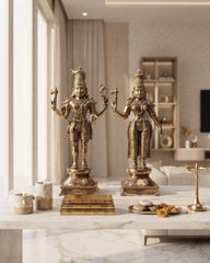 Brass Standing Shiva & Parvati Idol Holding Axe and Deer