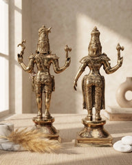 Brass Standing Shiva & Parvati Idol Holding Axe and Deer