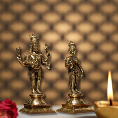Brass Standing Shiva & Parvati Idol Holding Axe and Deer