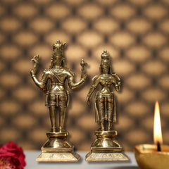 Brass Standing Shiva & Parvati Idol Holding Axe and Deer