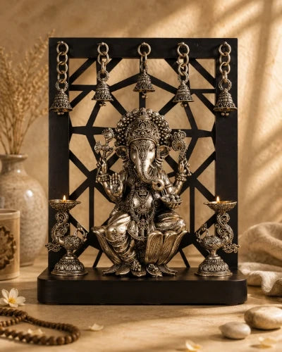 Brass Superfine Ganesha on Lotus with Annam Lamps & Hanging Bells 12 inch