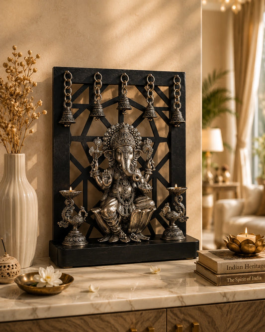Brass Superfine Ganesha on Lotus with Annam Lamps & Hanging Bells 12 inch