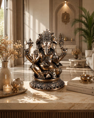 Brass Superfine Ganesha on Lotus with Annam Lamps & Hanging Bells