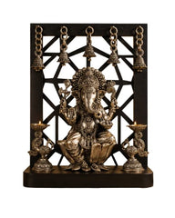 Brass Superfine Ganesha on Lotus with Annam Lamps & Hanging Bells 12 inch