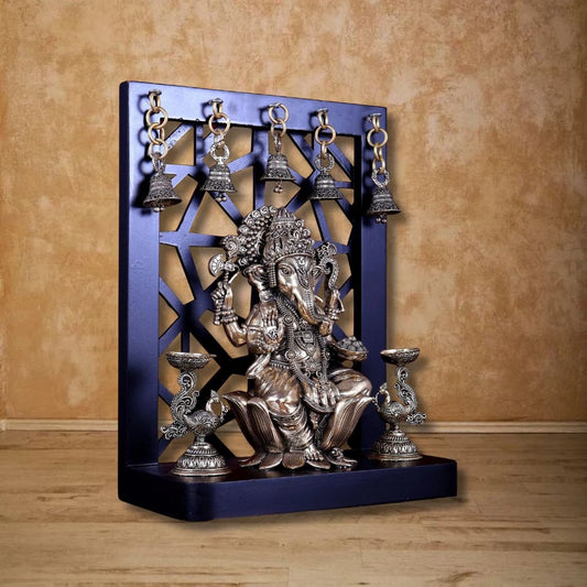 Brass Superfine Ganesha on Lotus with Annam Lamps & Hanging Bells 12 inch