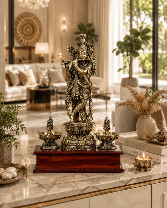 Brass Superfine Lord Krishna Idol with Twin Lakshmi Diyas on Wooden Base