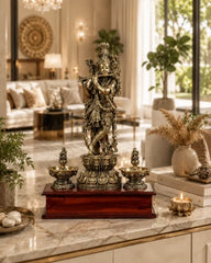 Brass Superfine Lord Krishna Idol with Twin Lakshmi Diyas on Wooden Base