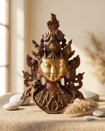 Brass Tara Devi Face Mask Wall Hanging in Antique Dual Tone Finish