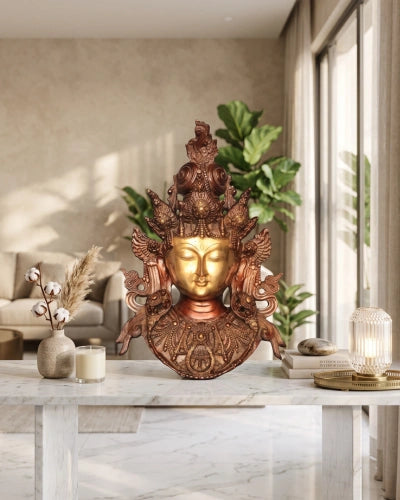 Brass Tara Devi Face Mask Wall Hanging in Antique Dual Tone Finish