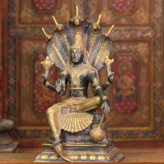 Brass Vishnu Black and Antique Gold Finish with Sheshnaag