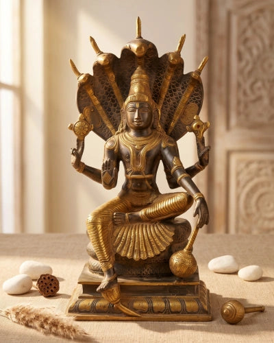 Brass Vishnu Black and Antique Gold Finish with Sheshnaag