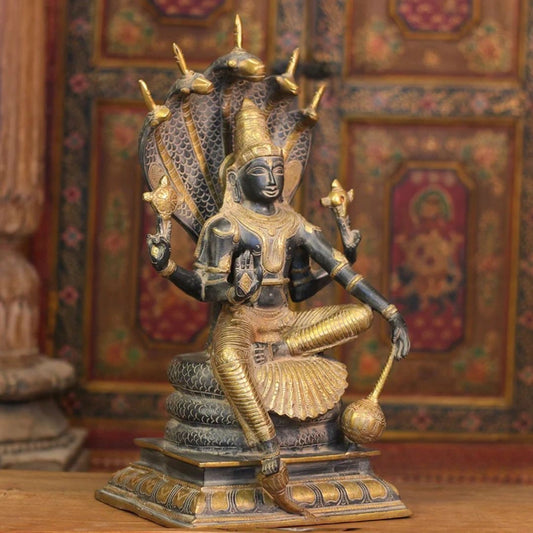 Brass Vishnu Black and Antique Gold Finish with Sheshnaag