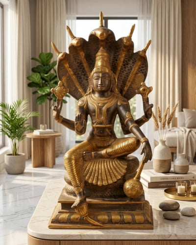 Brass Vishnu Black and Antique Gold Finish with Sheshnaag