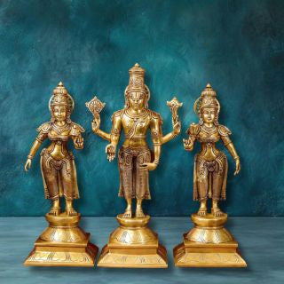 Brass Vishnu Lakshmi Bhudevi Idol Set