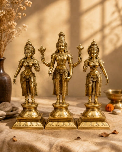 Brass Vishnu Lakshmi Bhudevi Idol Set