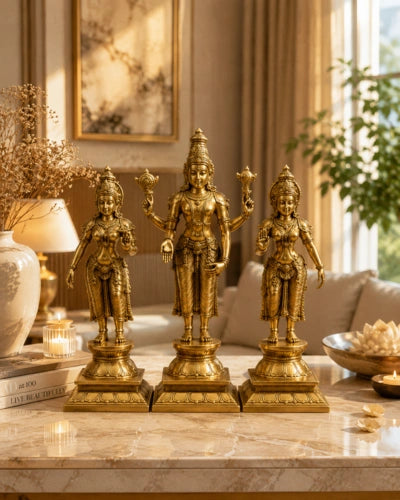 Brass Vishnu Lakshmi Bhudevi Idol Set