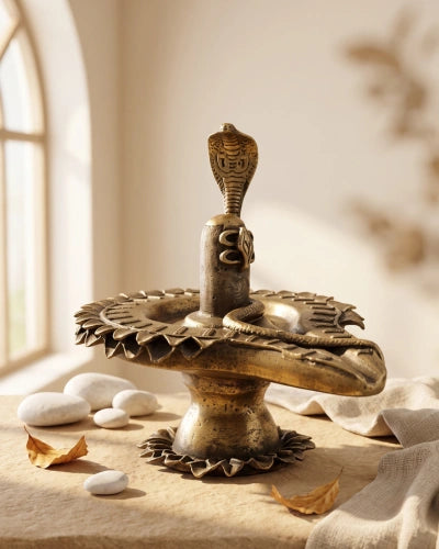 Brass and Stone Shiva Lingam with Protective Naag